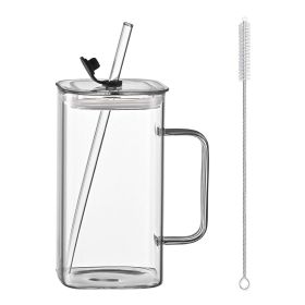 1 Pcs Transparent Glass Straw Cup, 4 Colors Square Glass Cup With Straw And Lid, High Borosilicate Glass Cup, Milk Cup, Juice Cup, Cold Drink Cup