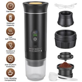 3-in-1 Portable Espresso Machine Cordless Self-Heating Coffee Maker With 7500mAh Battery 20Bar Pressure Anti-Dry Burn Fit For Ground Coffee&NS&DG (Option: BLACK)