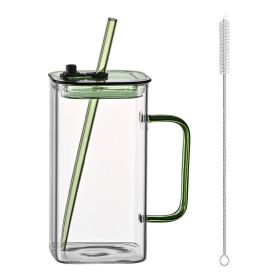 1 Pcs Green Glass Straw Cup, 4 Colors Square Glass Cup With Straw And Lid, High Borosilicate Glass Cup, Milk Cup, Juice Cup, Cold Drink Cup (Color: Green)