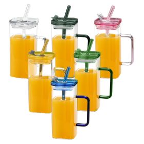 6 Pcs Glass Straw Cup, 6 Colors Square Glass Cup With Straw And Lid, High Borosilicate Glass Cup, Milk Cup, Juice Cup, Cold Drink Cup, Coffee Cup (Color: 6 pcs)