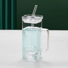 1 Pcs Transparent Glass Straw Cup, 6 Colors Square Glass Cup With Straw And Lid, High Borosilicate Glass Cup, Milk Cup, Juice Cup, Cold Drink Cup (Color: Transparent)